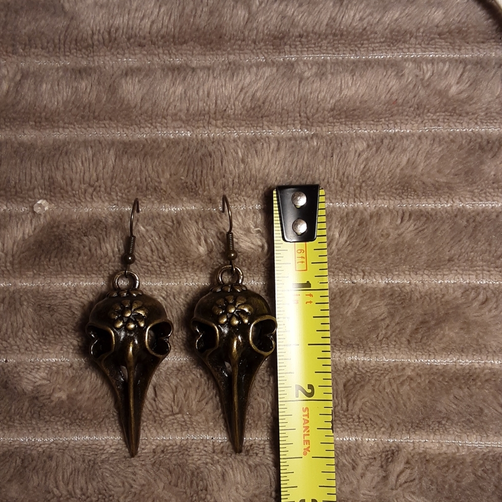 Handcrafted Bronze Colored Bird Skull Plague Doctor Earrings Gothic - Picture 3 of 3